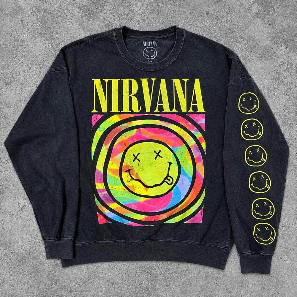 Nirvana Smiley Face Spiral Black Long Sleeve Shirt S/M